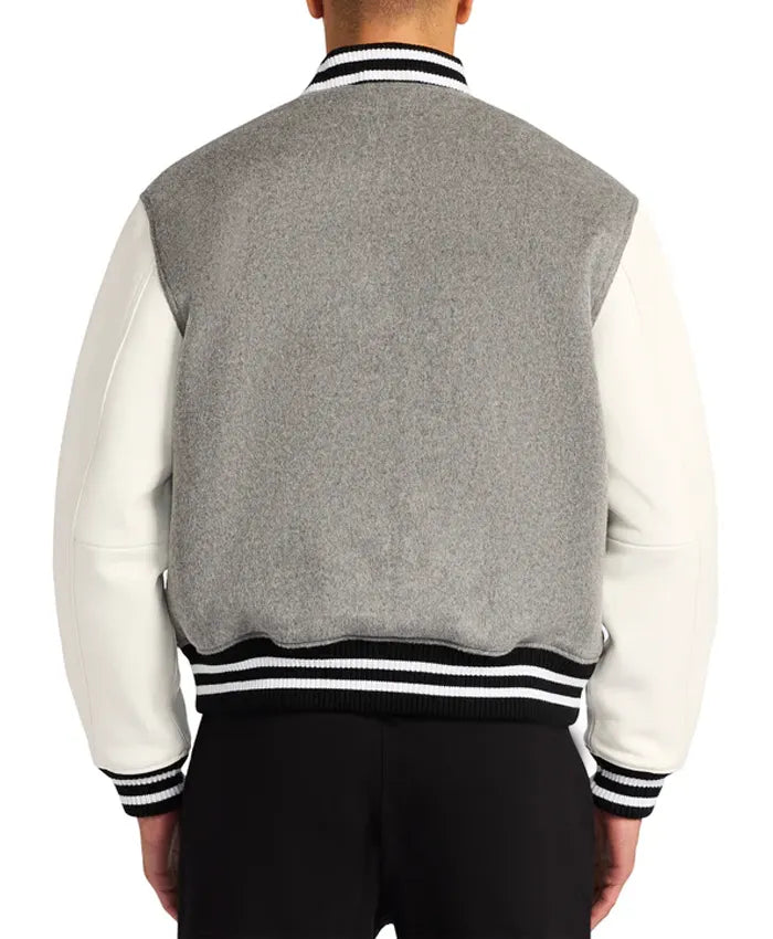 Grey Letterman Varsity Jacket With White Sleeves