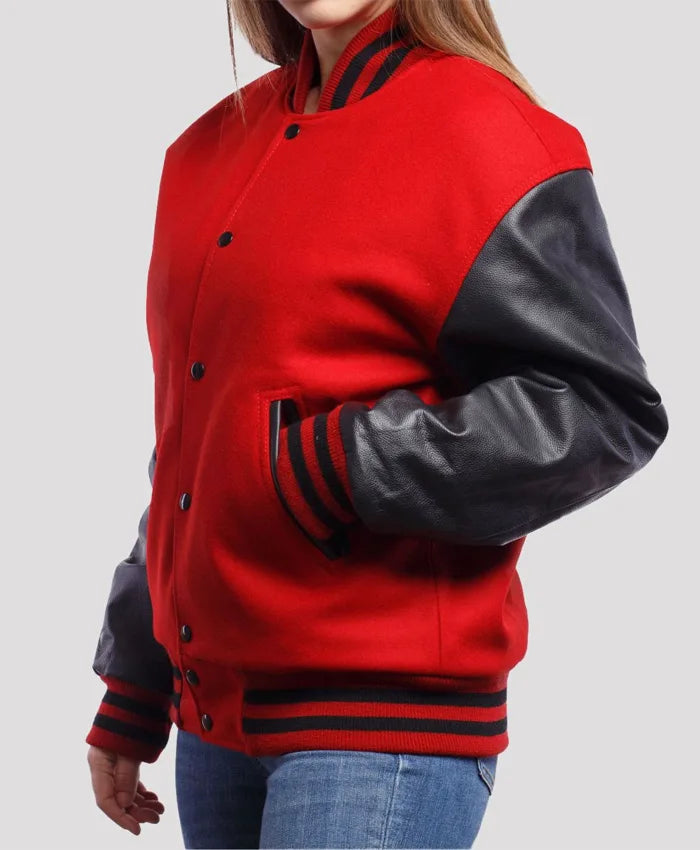 Stacie Red Wool Body Black Leather Sleeves Lettermen Jacket