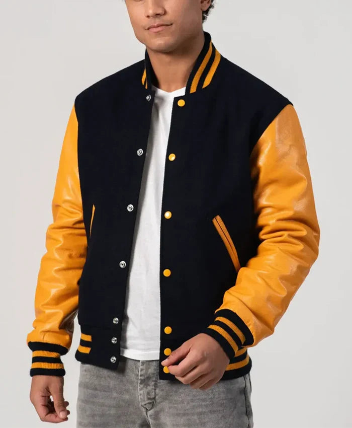 Unisex Black And Yellow Leather Varsity Jacket