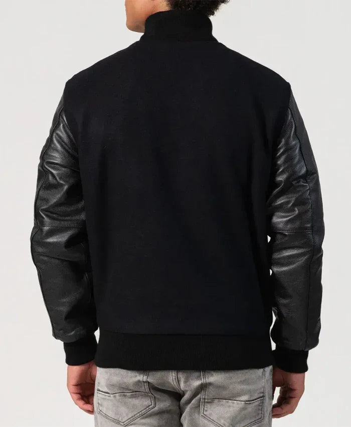 Unisex Black Varsity Jacket With Leather Sleeves