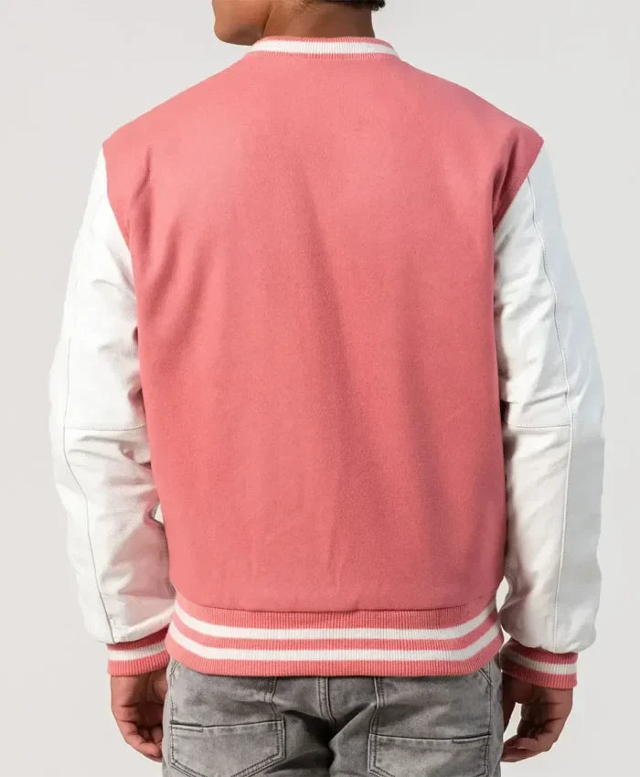 Unisex Pink Wool White Leather Sleeves Varsity Jacket