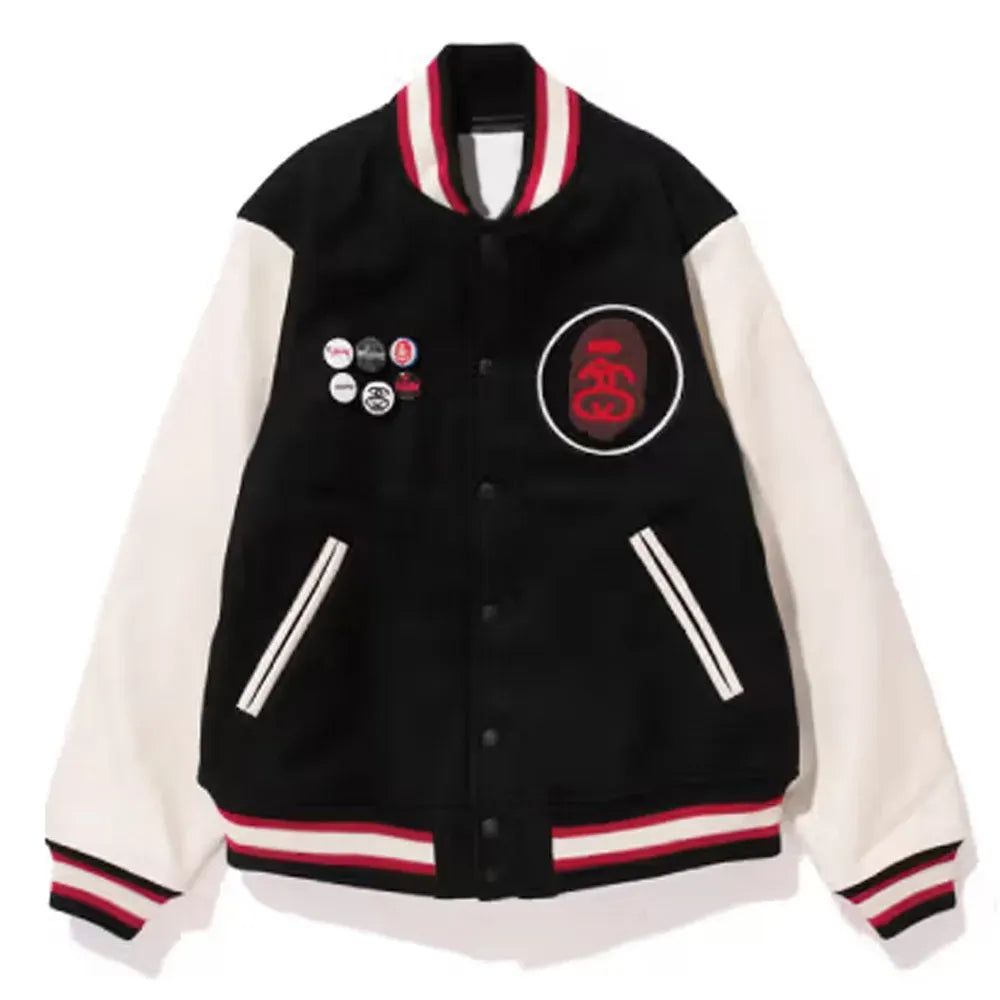 Red/Black Bape Stussy Varsity Full-Snap Wool/Leather Jacket