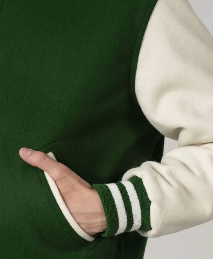 Baseball Forest Green And White Varsity Jacket With Leather Sleeves