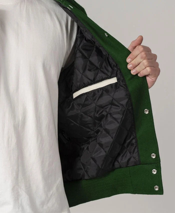 Baseball Forest Green And White Varsity Jacket With Leather Sleeves