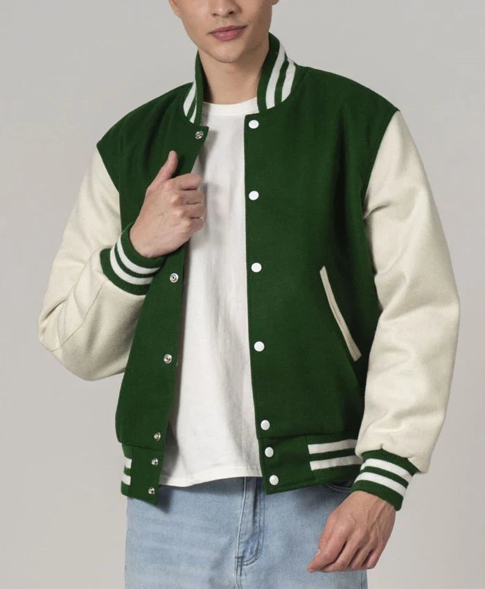 Baseball Forest Green And White Varsity Jacket With Leather Sleeves