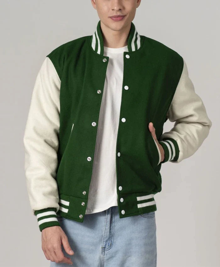 Baseball Forest Green And White Varsity Jacket With Leather Sleeves