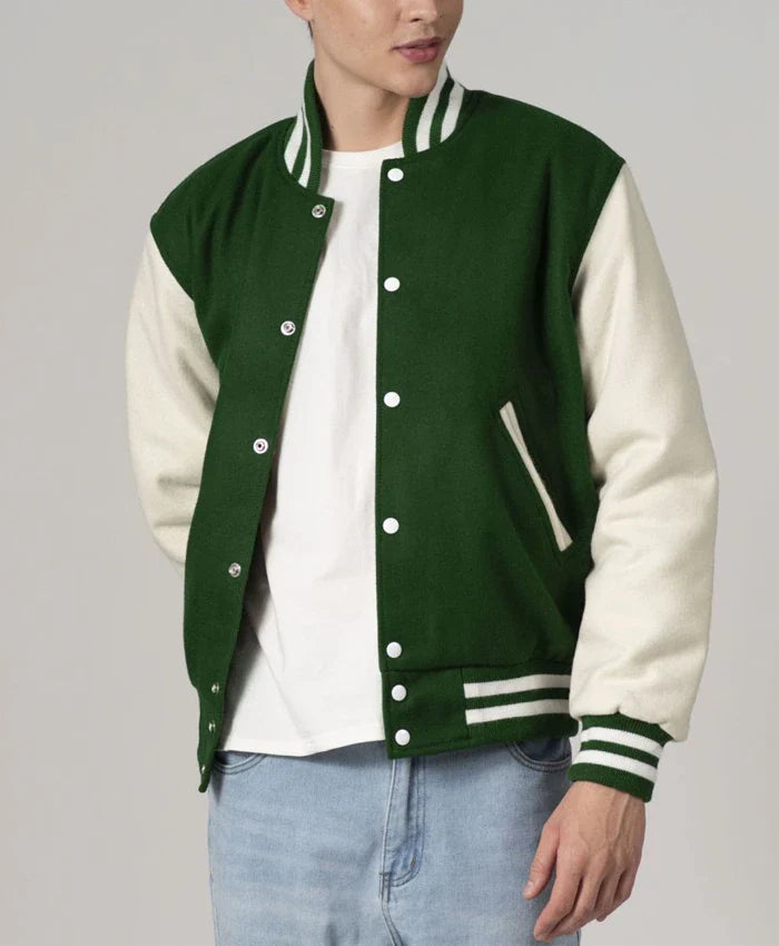 Baseball Forest Green And White Varsity Jacket With Leather Sleeves