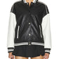 Black Varsity Bomber Leather Jacket With Stripes