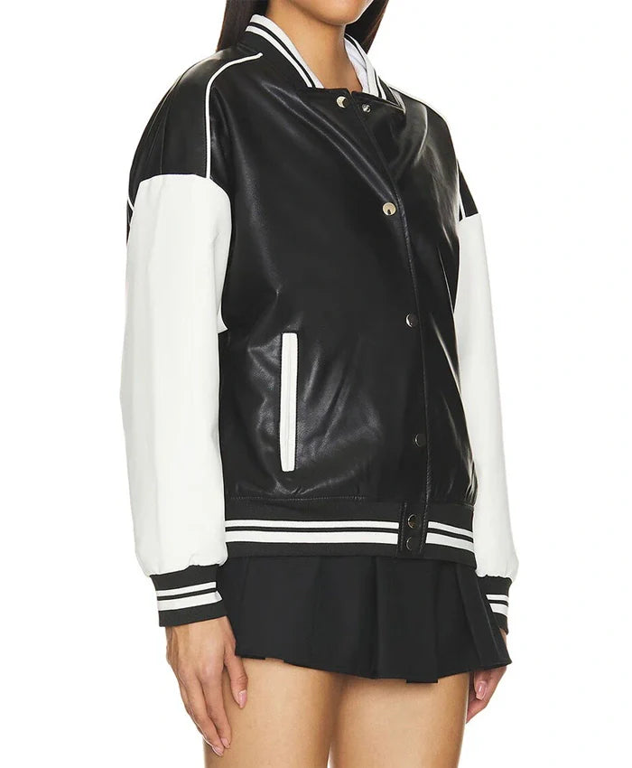 Black Varsity Bomber Leather Jacket With Stripes