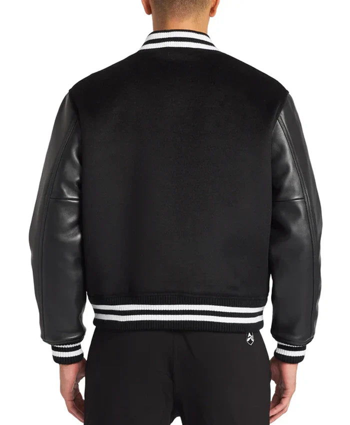 Black Wool Varsity Jacket With Leather Sleeves