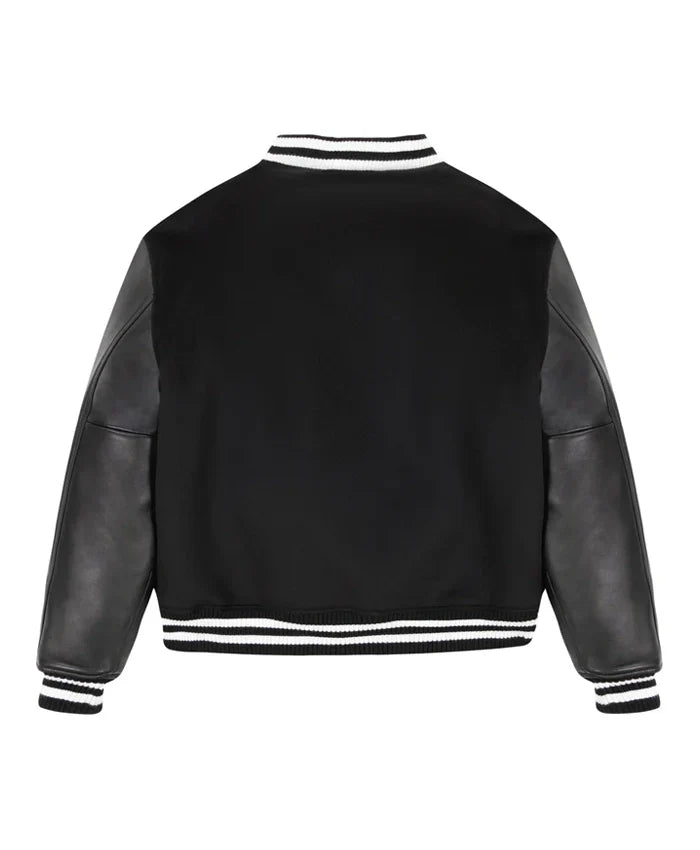 Black Wool Varsity Jacket With Leather Sleeves