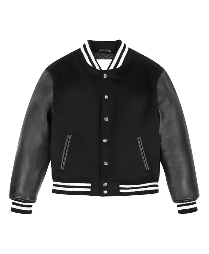 Black Wool Varsity Jacket With Leather Sleeves
