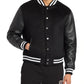 Black Wool Varsity Jacket With Leather Sleeves