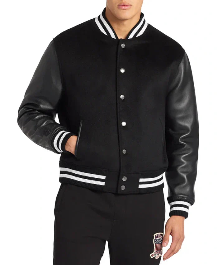 Black Wool Varsity Jacket With Leather Sleeves