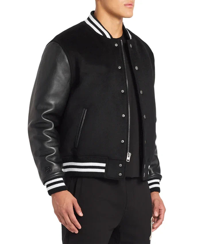 Black Wool Varsity Jacket With Leather Sleeves