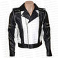 Black and white leather jacket on a mannequin against a white background