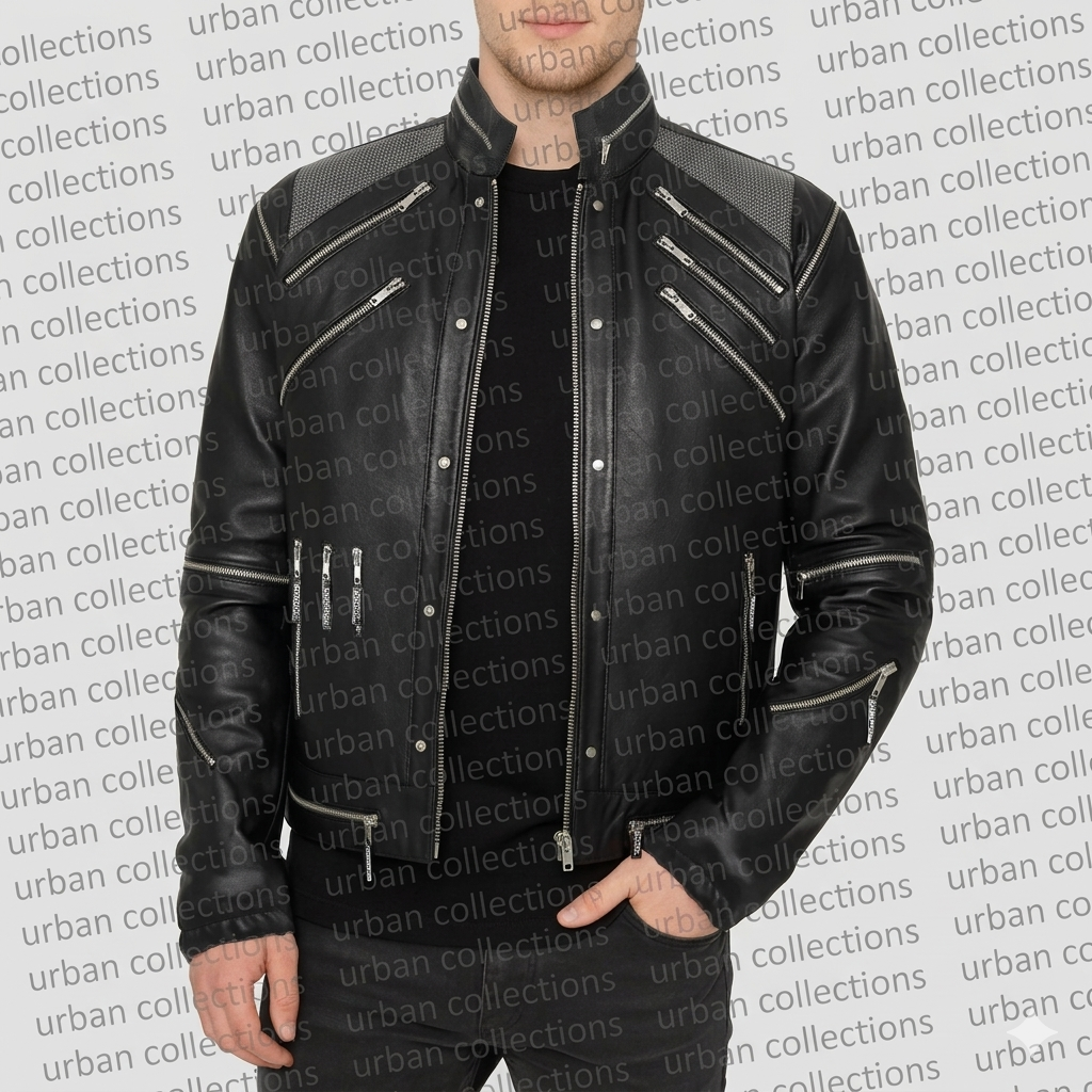 Black leather jacket with white accents on a gray background with 'urban collections' text.