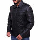 Black leather jacket worn by a person  a white background .
