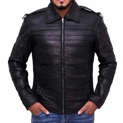 Black leather jacket worn by a person on a white background