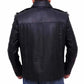 Black leather jacket worn by a person on a white background .