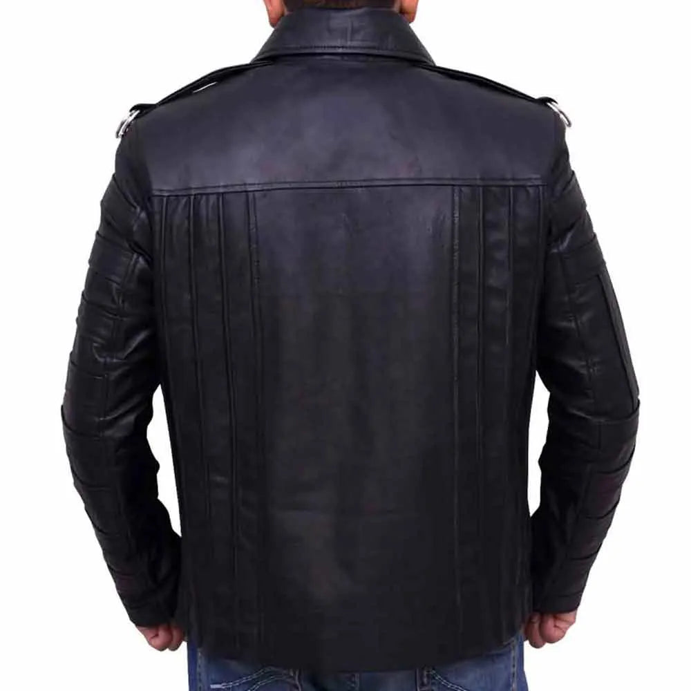 Black leather jacket worn by a person on a white background .