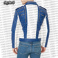 Blue jacket with zippers and suspenders on a white background with 'urban collections' text.