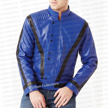 Blue leather jacket with black accents on a white background, featuring 'Urban Collections' branding.