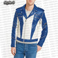 Blue leather jacket with white accents on a brand name background
