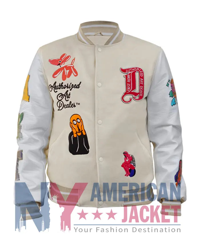 First Row Art Dealer Graphic Cream Cropped Varsity Jacket