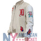 First Row Art Dealer Graphic Cream Cropped Varsity Jacket