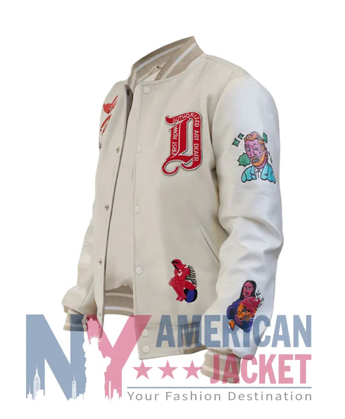 First Row Art Dealer Graphic Cream Cropped Varsity Jacket