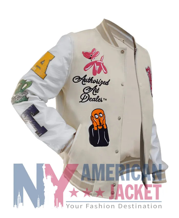 First Row Art Dealer Graphic Cream Cropped Varsity Jacket