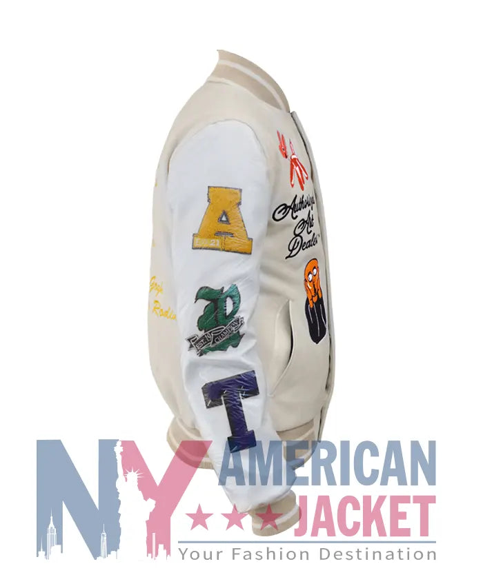 First Row Art Dealer Graphic Cream Cropped Varsity Jacket