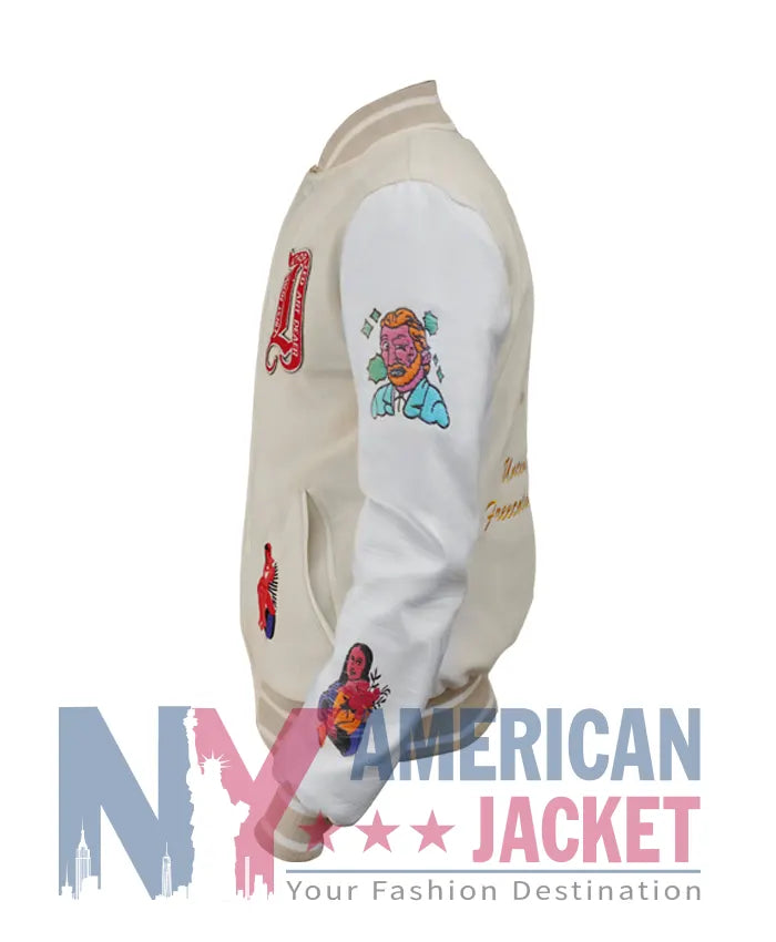 First Row Art Dealer Graphic Cream Cropped Varsity Jacket