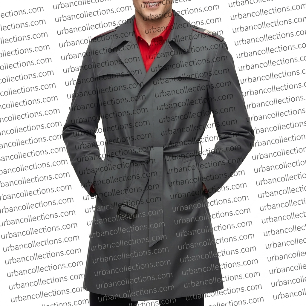 Gray trench coat with a red shirt underneath on a white background with 'urbancollections.com' watermark.