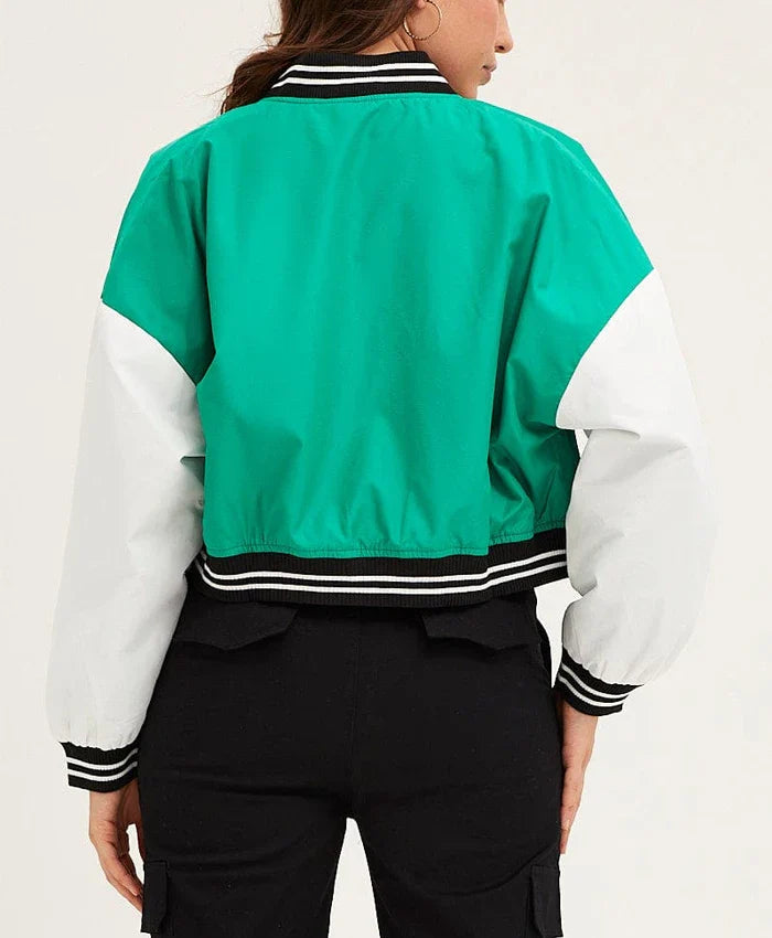 Carol Green Cropped Varsity Bomber Jacket