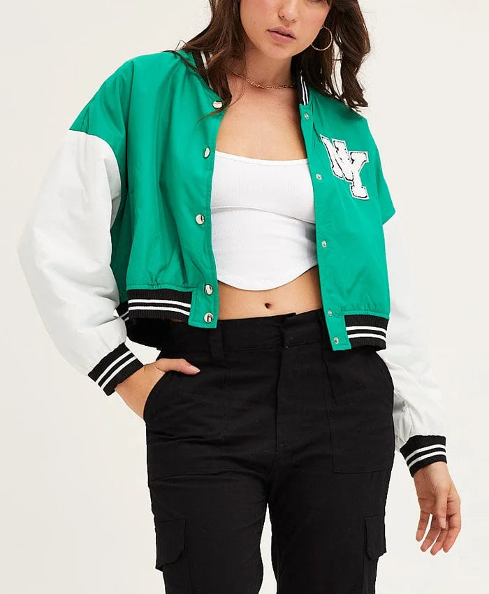 Carol Green Cropped Varsity Bomber Jacket