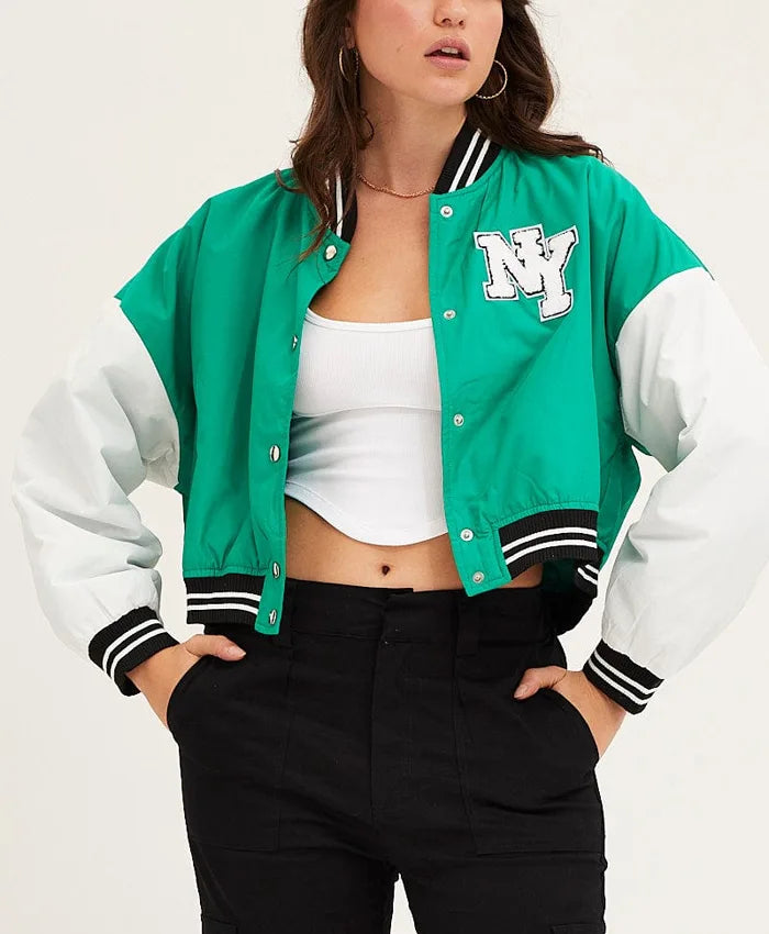 Carol Green Cropped Varsity Bomber Jacket