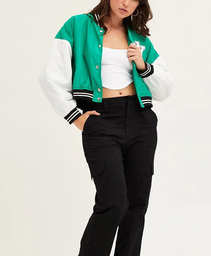 Carol Green Cropped Varsity Bomber Jacket