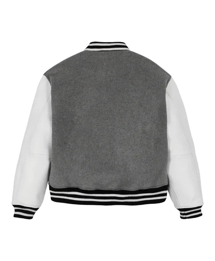 Grey Letterman Varsity Jacket With White Sleeves