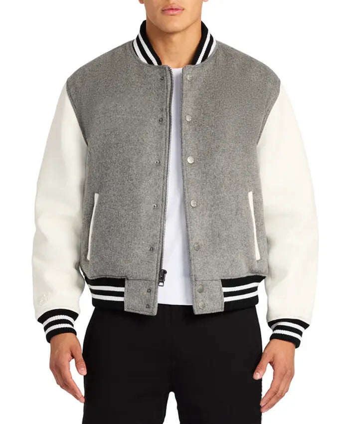 Grey Letterman Varsity Jacket With White Sleeves