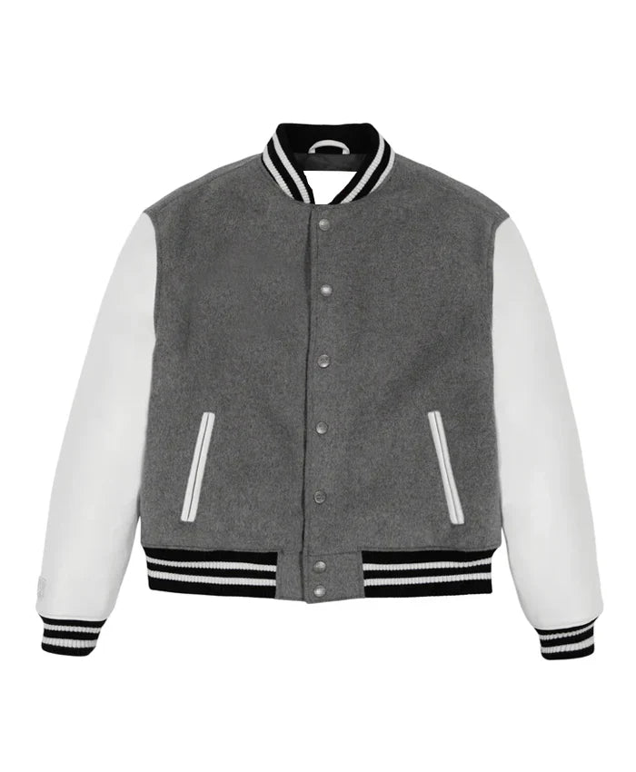 Grey Letterman Varsity Jacket With White Sleeves