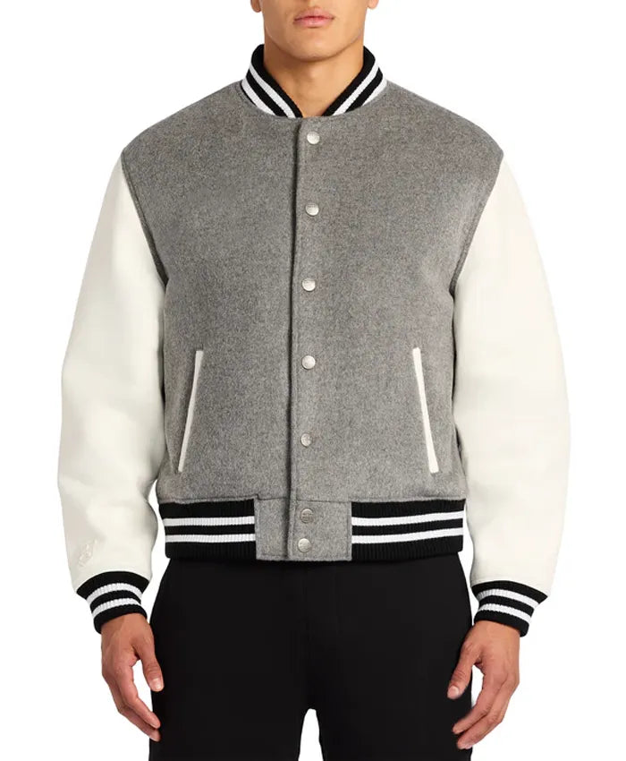 Grey Letterman Varsity Jacket With White Sleeves