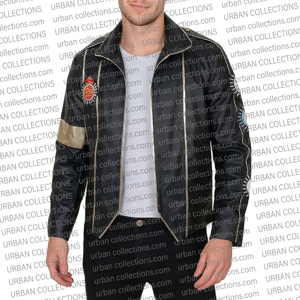 Man wearing a black jacket with white accents on a branded background
