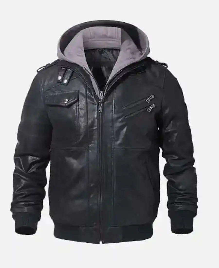 Men’s Black Bomber Leather Jacket with Hood - Rugged and Versatile