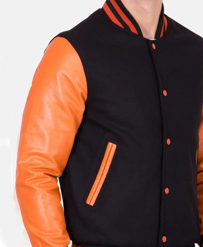 Men’s Causal Orange And Black Letterman Jacket