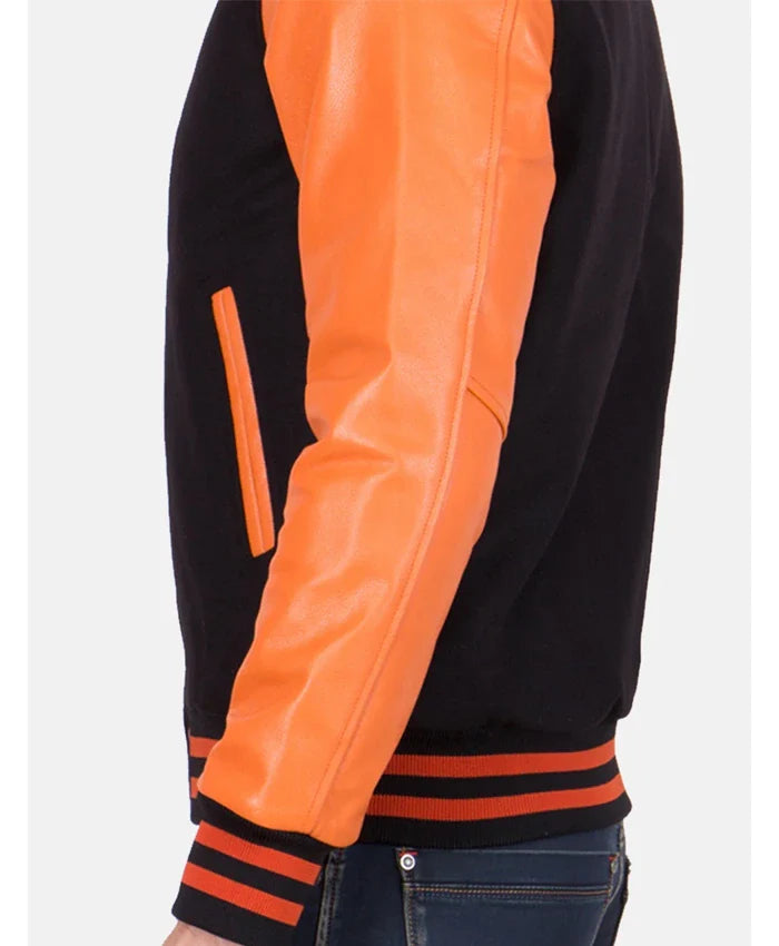 Men’s Causal Orange And Black Letterman Jacket