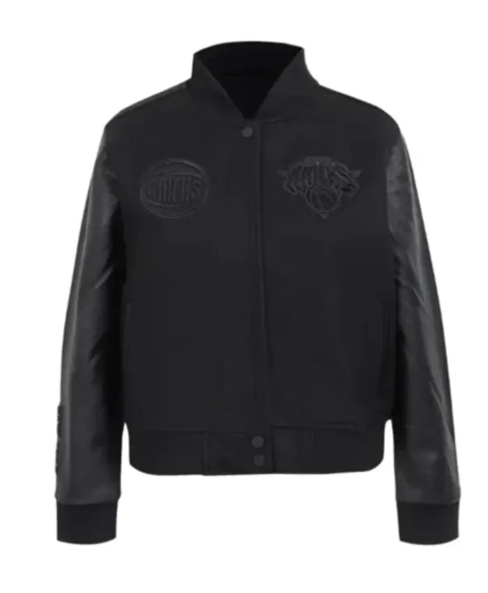 NY Knicks Triple Black Varsity Wool Leather Jacket