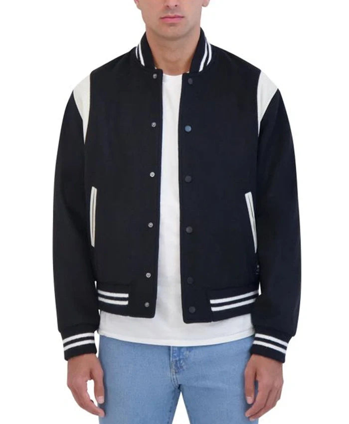 Navy Blue Letterman Varsity Jacket With Rib Collar