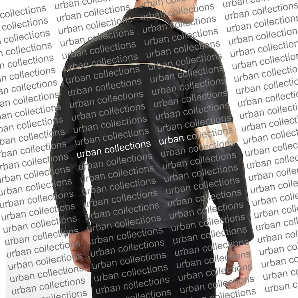 Person wearing a black hoodie with 'urban collections' branding on a patterned background.